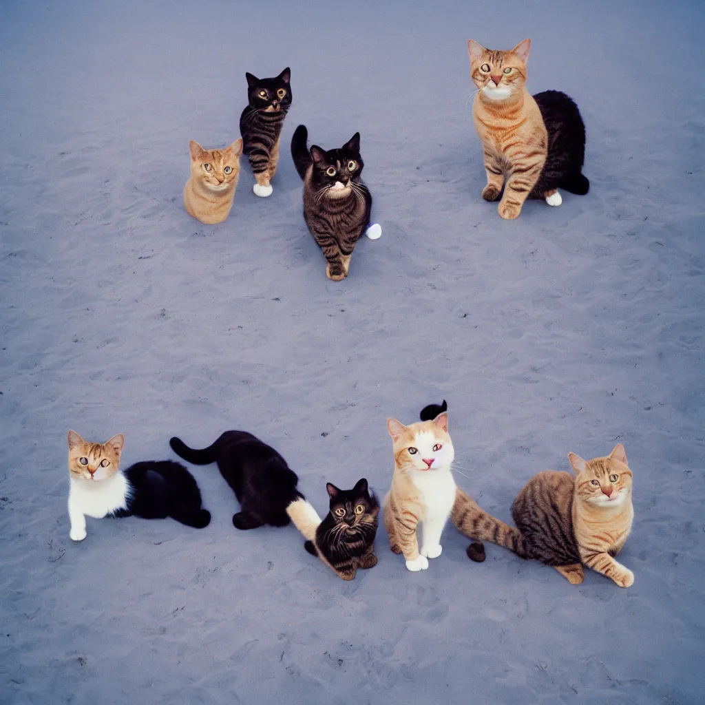 Image similar to cats on a purple beach, kodak gold 200,