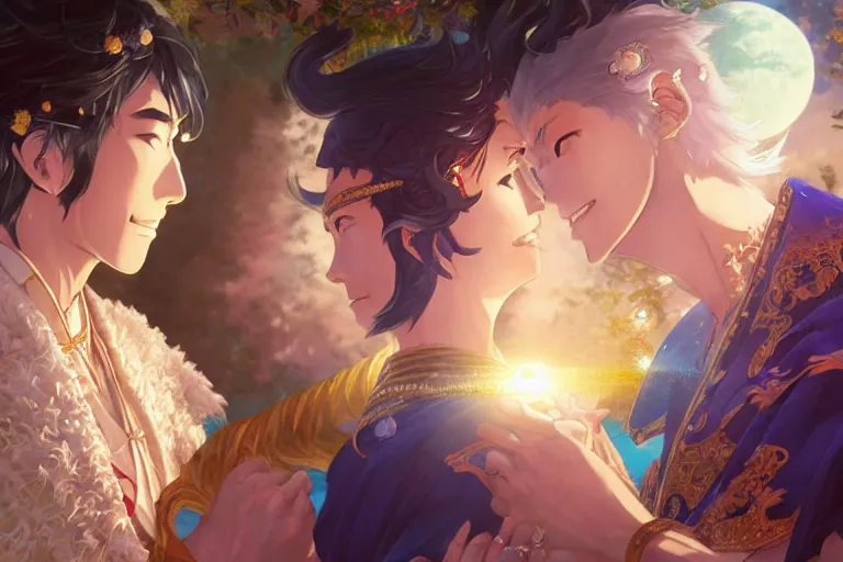 Image similar to close up moment of a divine a japan sun god and a moon goddess lovers magician at a wedding banquet, highly detailed, d & d, fantasy, 4 k realistic, digital painting, trending on artstation, concept art, sharp focus, illustration, art by makoto shinkai and akihiko yoshida and daniel gerhartz