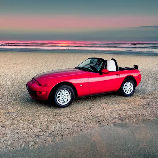 Prompt: a vintage poster of a red Mazda MX-5 parked on a beach in the moonlight