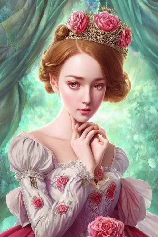 Prompt: a romatic dreamlike charming princess of legends character, victorian royal dresses, symmetrical, rose, maximalist, cg animation, riot enterainment, arcane, realistic, hyper detailed, masterpiece character select portrait, by artgerm, anna dittmann, ilya kuvshinov, loish, drew struzan, charlie bowater, 3 d