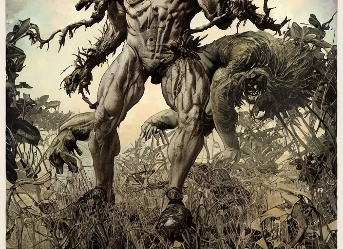 Image similar to renaissance grotesque full body portrait painting of angry bodybuilder swamp thing walking to the camera, camera puller back far, in a wasteland, landfill, elegant artwork by lee bermejo and greg rutkowski and alphonse mucha