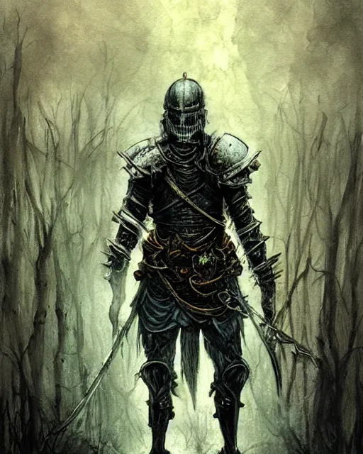 Image similar to a hyper realistic painting of a fantasy undead knight in old broken armor, pale colors, fog, dark fantasy, cinematic lighting, nighttime, by rebecca guay