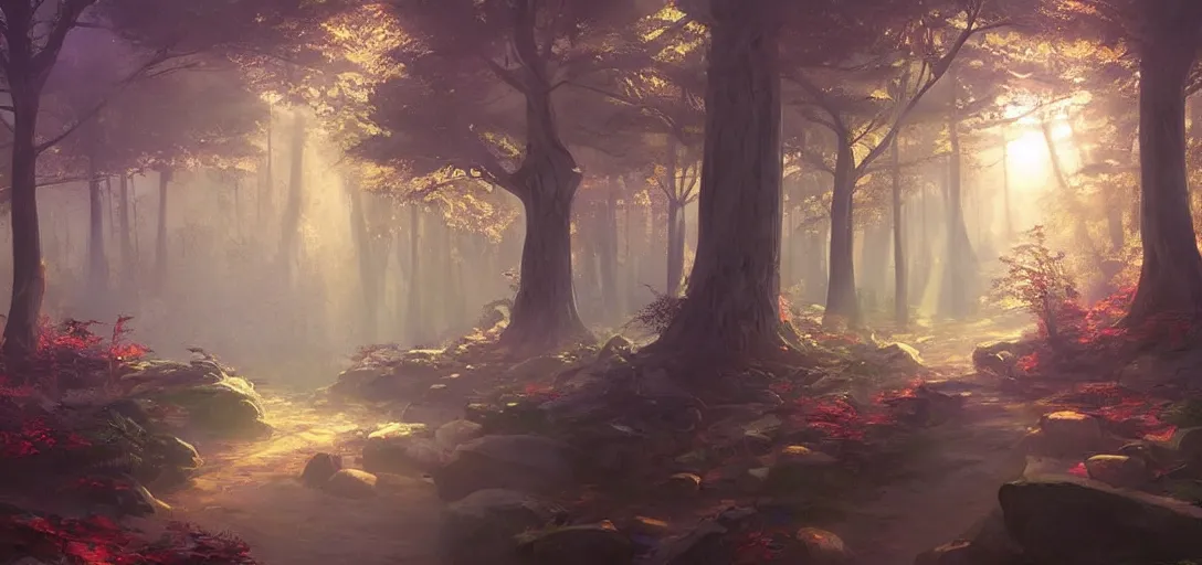 Image similar to concept art by sylvain sarrailh of a chineese temple, inside a mystic forest, a stone path, sunshafts