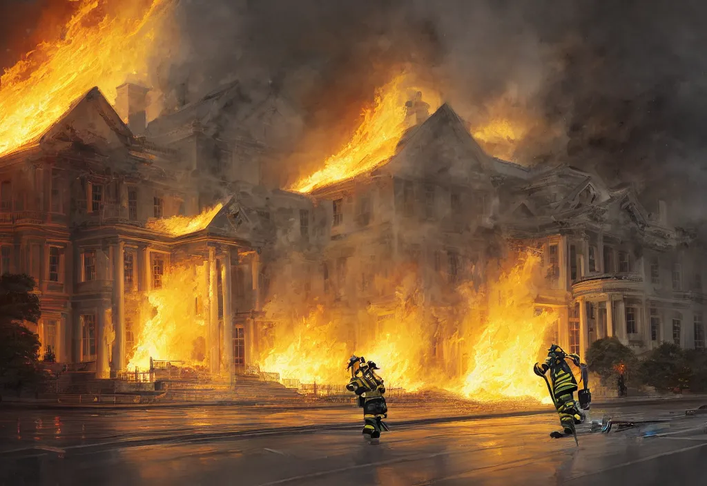 Image similar to an heroic firefighter in action in black and yellow uniform, front of the us presidential's white house, fire flames, sharp details, sharp focus, photorealistic, octane, hyper detailed, trending on deviantart, illustration, by jordan grimmer and greg rutkowski and pine ( ハイネ ), intricate