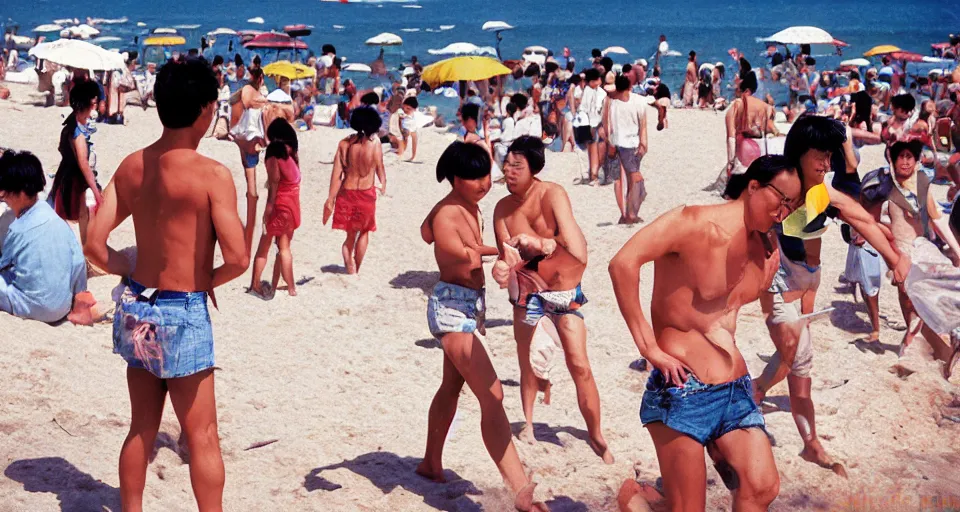 Prompt: 90s Japan, Professional photograph, people in the beach, summer.