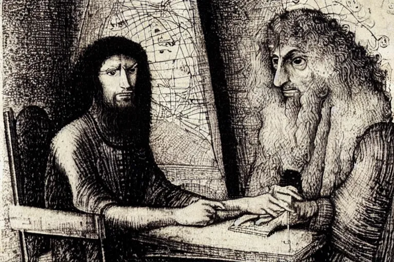 Image similar to ! dream an annoyed curly - haired persian guy programmer by leonardo davinci, hieronymous bosch, mc escher