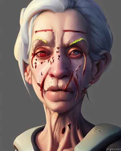 Image similar to overwatch concept art character portrait of a new character who is an elderly pale woman with a scarred face, trending on artstation, cgsociety,