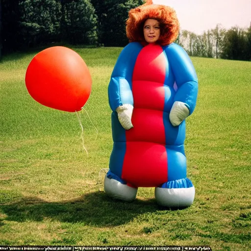 Prompt: middle-aged woman dressed as an inflatable toy, in the countryside 1979 arthouse film, archival footage, technicolor film expired film