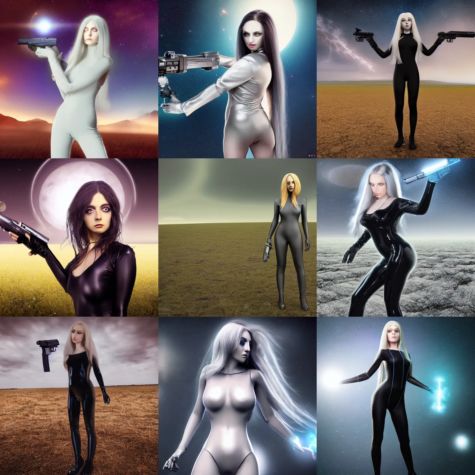 Prompt: pleiadian woman, big eyes, long silver hair, pale skin, full body, dark body suit, posing with a plasma gun, barren fields, cinematic, ultra detailed, 4 k