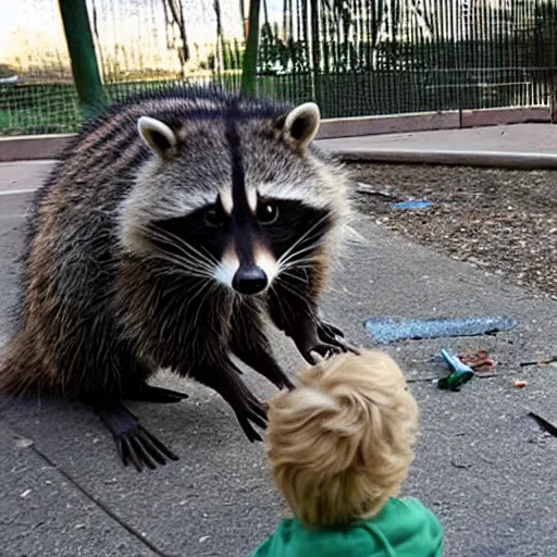 Image similar to angry raccoon vandalizing a children's playground