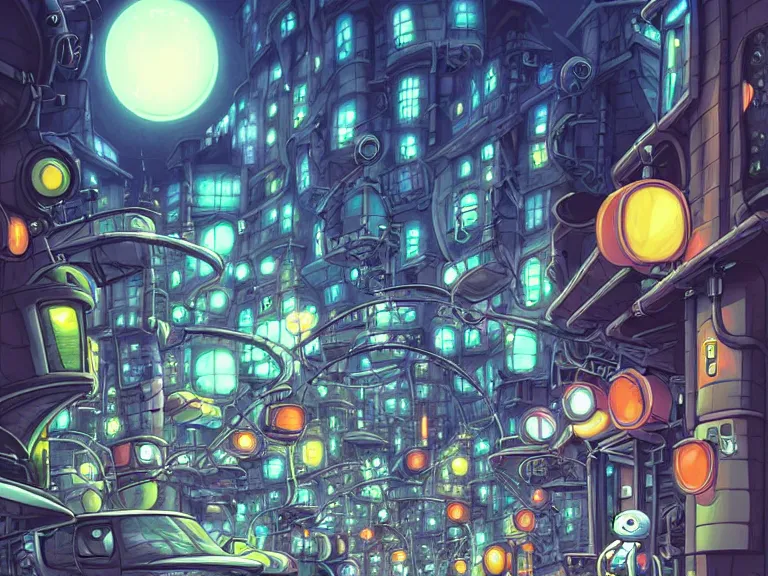 Prompt: street view of futuristic machinarium tokyo at night by cyril rolando and naomi okubo and dan mumford and ricardo bofill. cute ver.ka mecha machinarium robots.