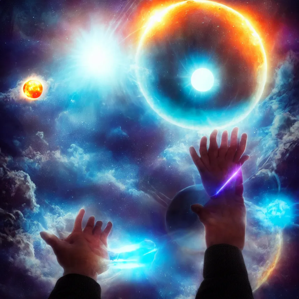 Image similar to giant celestial god levitating a solar system between it's hands, space, black hole, planet, clouds, nebula, creature, monster, alien tentacles, apocaplypse, destruction, demon, magician, archmage, wizard, tower, castle, colorful, high constrast, lens flare, oil painting, detailed, 4 k, 8 k, peter mohrbacher