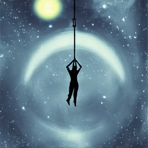 Image similar to hanged man. the universe as a background.