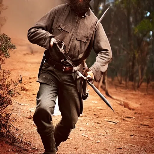 Image similar to australian bushranger wearing metal helmet, award winning epic action photography in rich colors