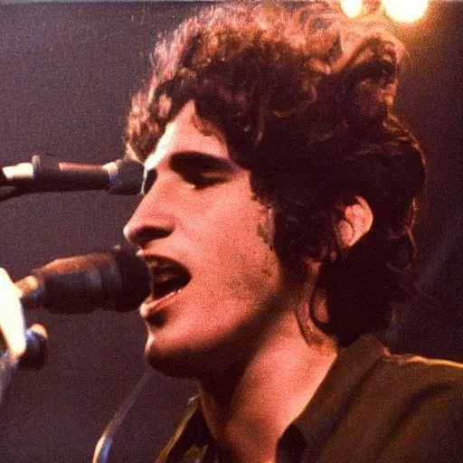 Image similar to a movie still of Tim Buckley singing on stage with Jeff Buckley, 8k, Technicolor, telephoto lens, vintage photograph, historical archive, detailed skin, detailed eyes