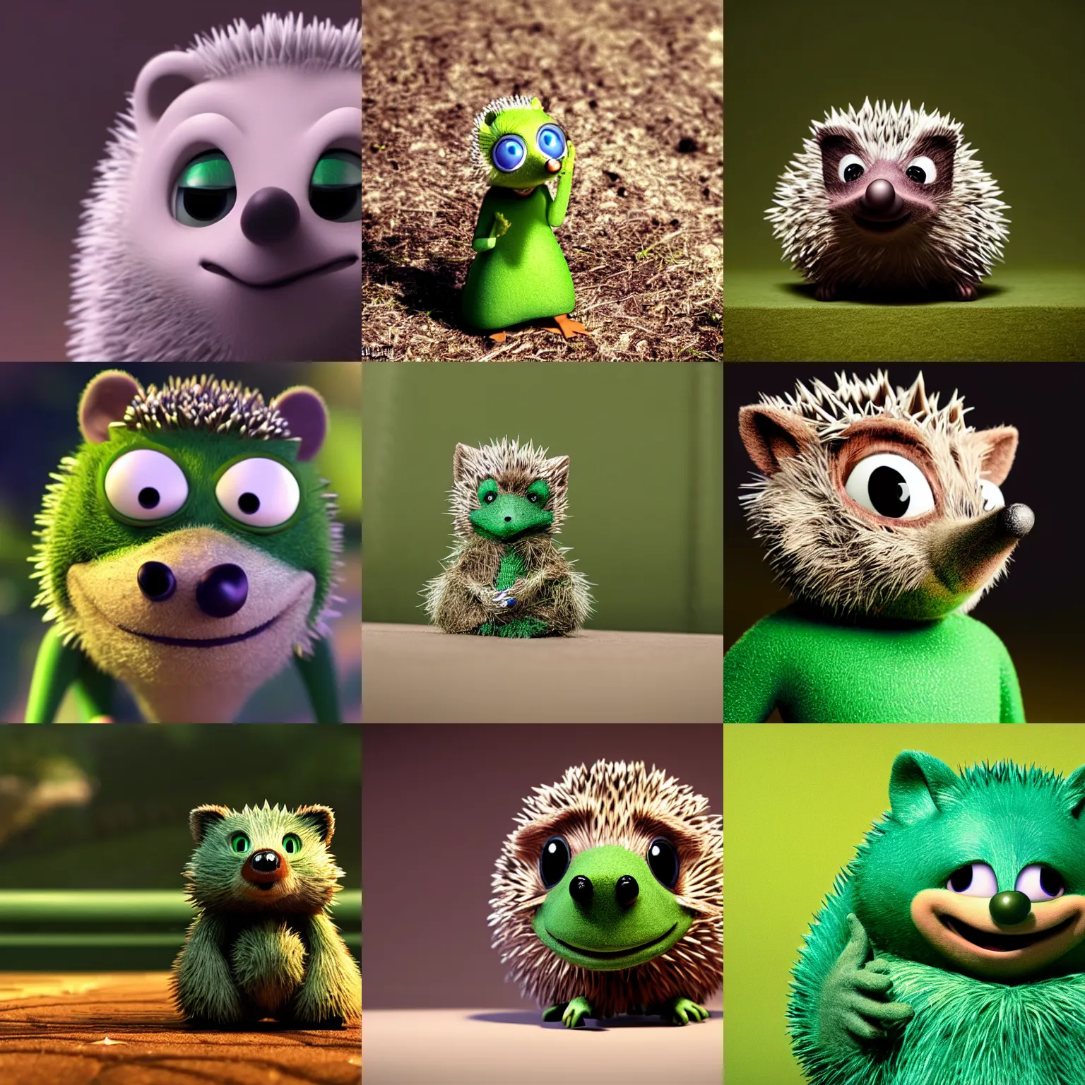 Prompt: green anthropomorphic hedgehog by Pixar,Disney movie, cinematic shot,in the style of Pixar, shallow depth of focus