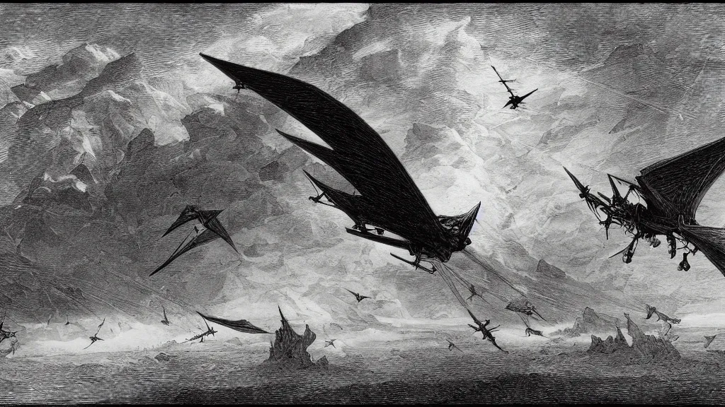 Image similar to drawing of an ornithopter flying toward a desert storm, by gustave dore, nineteenth century, black and white, vintage, science fiction, epic composition, dramatic lighting, highly detailed, cinematic