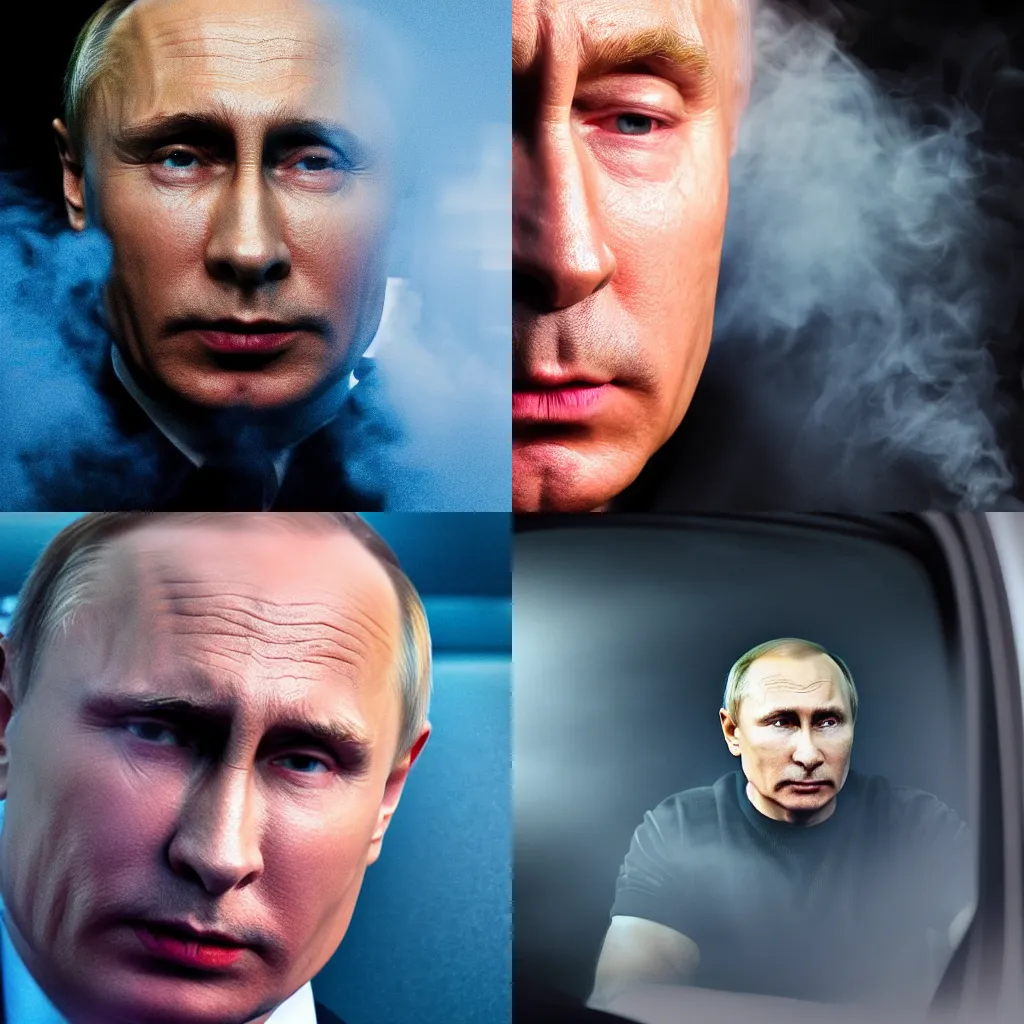 Prompt: face close - up photo of the vladimir putin vaping in the car. ultra - hd, hcl, volumetric lighting, studio lightning