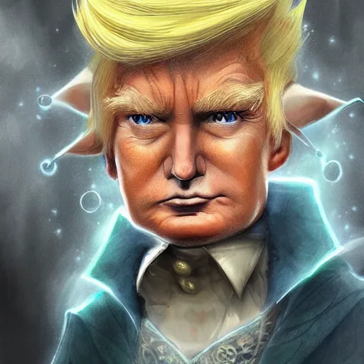 Image similar to fantasy elf wizard that looks like president donald trump, trending on art station