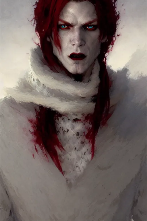 Image similar to vampire with red eyes and red hair in a white woolen turtleneck portrait dnd, painting by gaston bussiere, craig mullins, greg rutkowski, yoji shinkawa