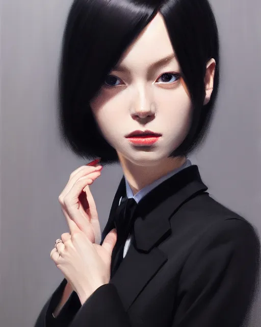 Image similar to a ultradetailed beautiful portrait panting of a stylish woman wearing a black loose fit suit with a tie, oil painting, by ilya kuvshinov, greg rutkowski and makoto shinkai, trending on artstation