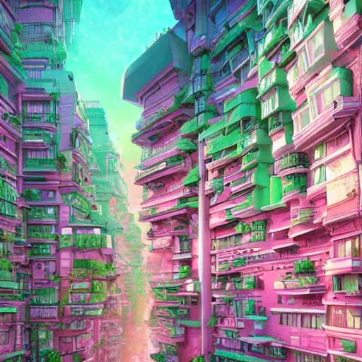 Image similar to pink and green alien city, photorealistic beautiful in the style of studio ghibli. hyperdetailed photorealism, 1 0 8 megapixels, amazing depth, glowing rich colors, powerful imagery, psychedelic overtones, 3 d finalrender, 3 d shading, cinematic lighting, artstation concept art