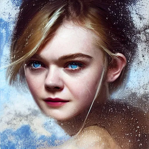 Image similar to Elle Fanning in Santorini at night, head and shoulders portrait, stormy weather, extremely detailed masterpiece, Roger Deakin’s cinematography, oil on canvas, Yoji Shinkawa,