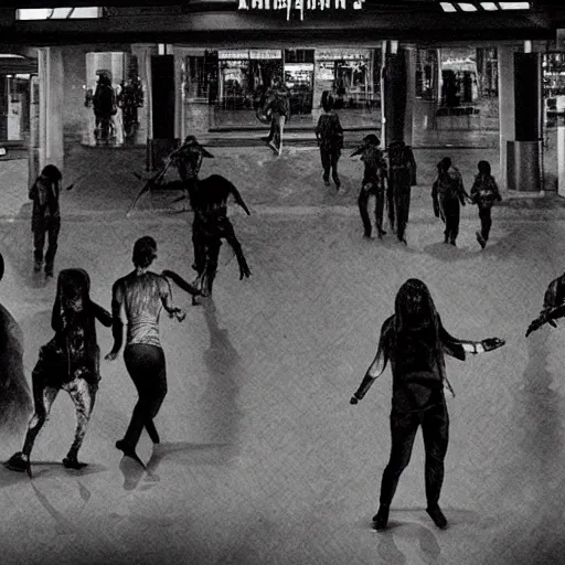 Image similar to zombies in mall, by team burton, fog