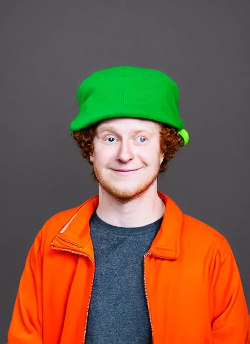 Image similar to portrait photo still of real life kyle broflovski wearing an orange jacket and green hat, 8 k, 8 5 mm, f. 1 4