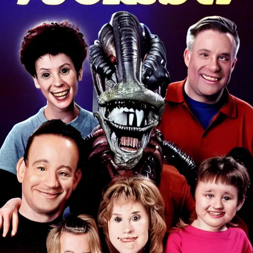 Image similar to tv show poster for 90's family sitcom with a xenomorph, style of Alf, 4k