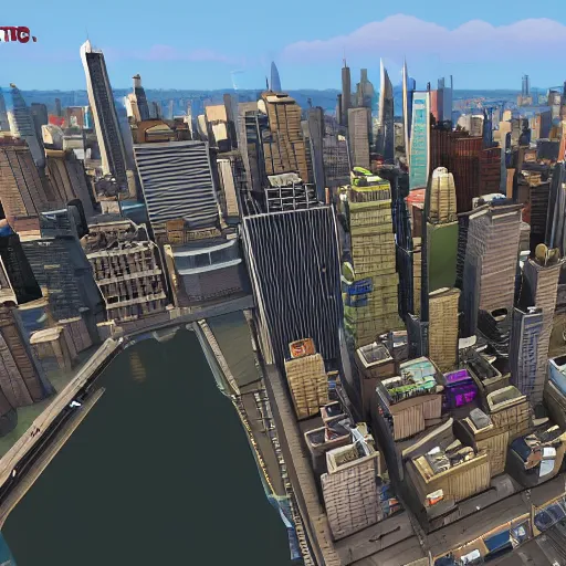 Image similar to new york city skyline in the style of cities skylines, in game sceenshot, gameplay