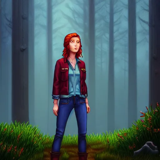 Prompt: an insanely detailed realistic depiction of beautiful jodi from stardew valley standing in the rainy forest wearing burgundy shirt under blue denim jacket, auburn hair, pretty blue eyes, in the style of peter mohrbacher, artgerm, dramatic lighting and composition, octane render, trending on artstation, concept art 8 k