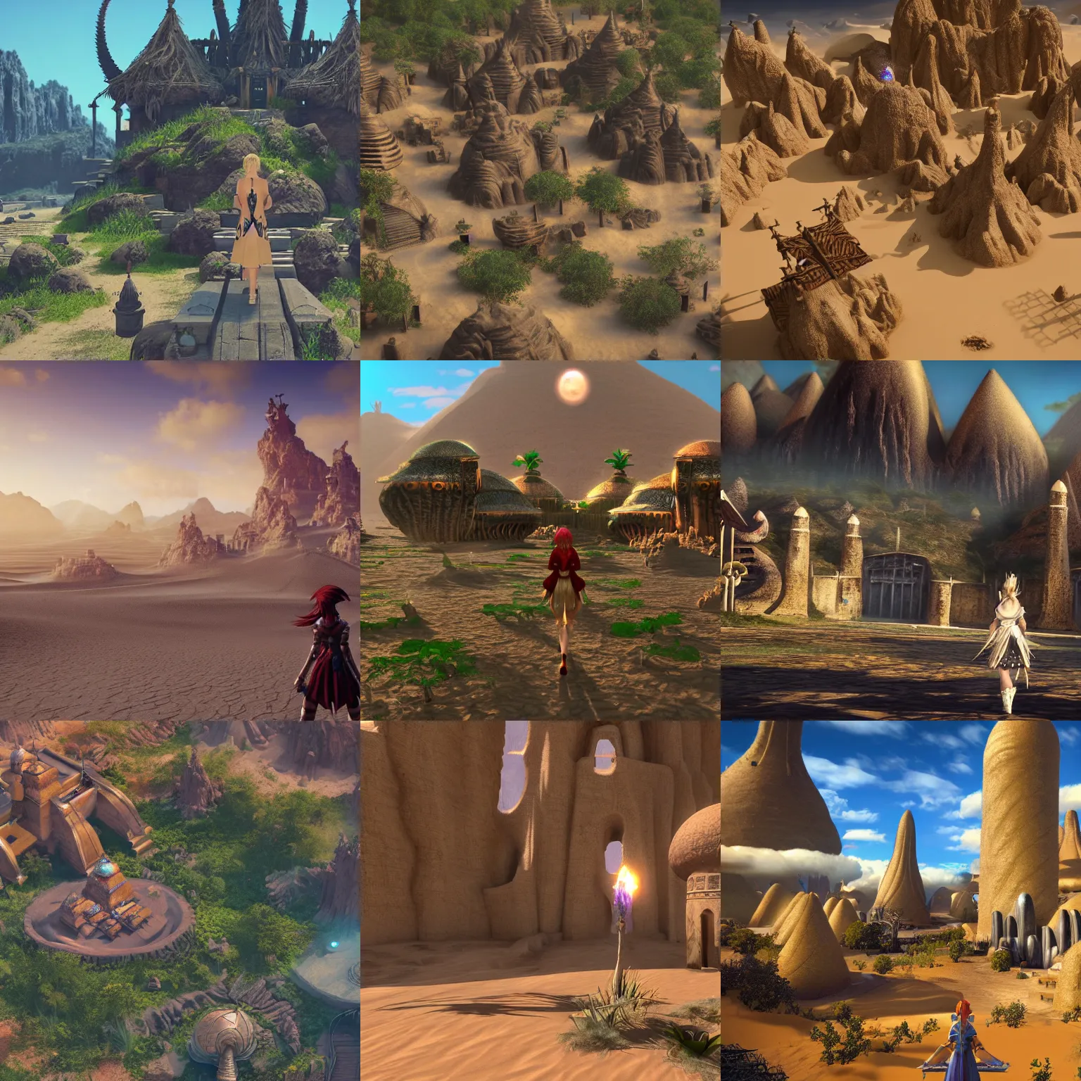 Prompt: a beautiful isolated sacred spiritual fantasy alien village in a vast sand desert, player character, screenshot, gameplay, final fantasy, square enix, squaresoft, jrpg, unreal engine, 4 k, ultra high settings, rtx, next gen graphics