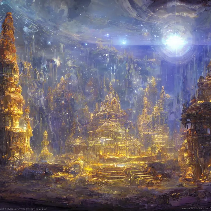 Prompt: opulent turkic temple of starlight, concept art, fantasy, hd, by james gurney, by john berkey