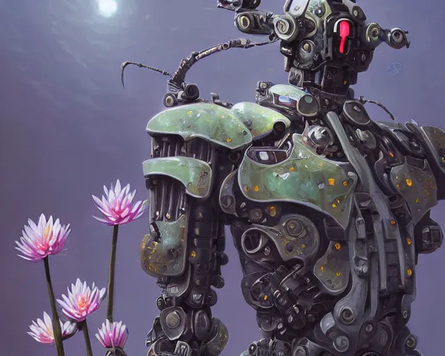 Image similar to symmetry, waterlily mobile combat suit floral robot, biomechanical, waterlily mecha nymphaea, detailed illustration, concept art, smooth, sharp focus, art by john collier, albert aublet, krenz cushart, artem demura, syd mead, beeple, cyril rolando