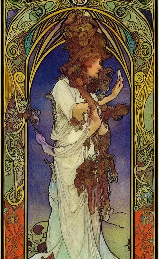 Prompt: the fool tarot, beautiful border, by alfons maria mucha, highly detailded