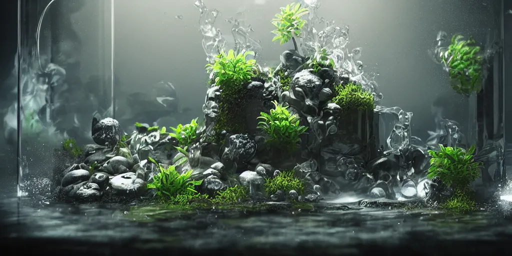 Image similar to terrarium photograph, a pipe flowing with milky liquid, central composition, fluid, ultra clear material, volumetric light, lightrays, cinematic, atmospheric, 3 d concept art, octane render, beautiful, cinematic lighting, intricate details.