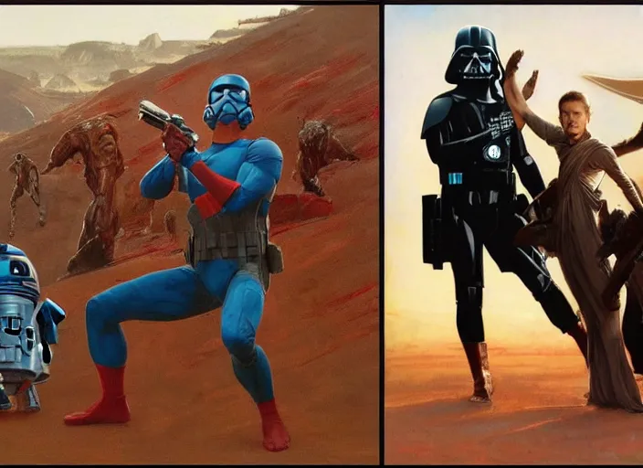 Image similar to a still from the movie avengers : infinty war and a still from the movie starwars of francis bacon and norman rockwell and james jean, and mark brooks, triadic color scheme, by greg rutkowski, syd mead and edward hopper and norman rockwell and beksinski, dark surrealism, orange and turquoise