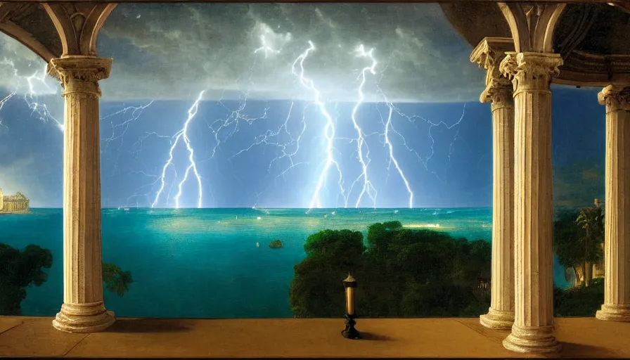 Prompt: From inside the balcony of the giant Palace, mediterranean balustrade and columns, refracted line and sparkles, thunderstorm, greek pool, beach and Tropical vegetation on the background major arcana sky and occult symbols, by paul delaroche, hyperrealistic 4k uhd, award-winning, very detailed paradise