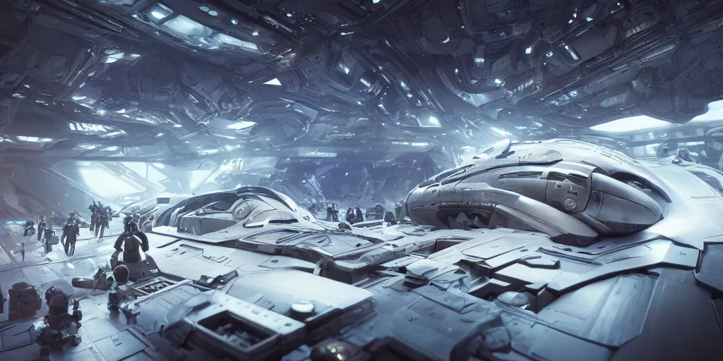 Image similar to cinematic movie scene, 200mm wide shot, precise architectural rendering, beautiful Product shot film still of a futuristic detailed pig themed battle-armored space ship with bright headlights in a busy futuristic spaceport filled with people, motion, hard surface modeling, volumetric soft lighting, style of Stanley Kubrick cinematography, 8k H 768