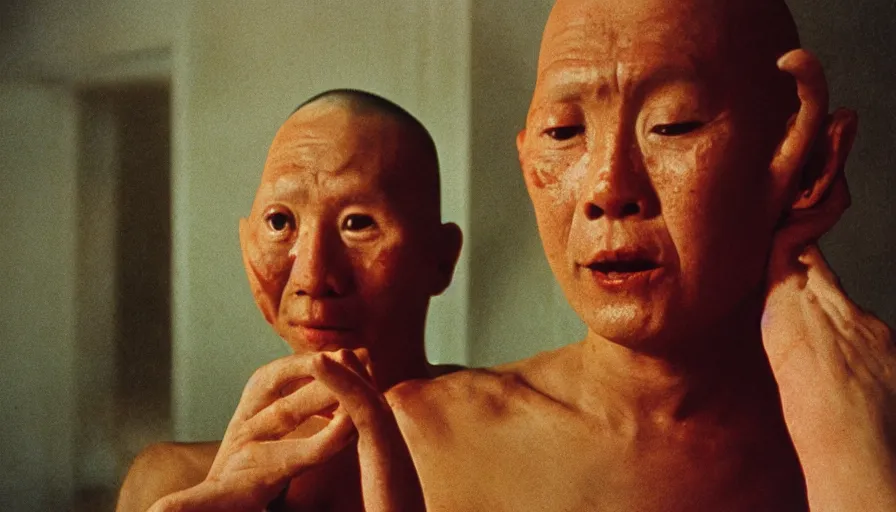 Image similar to 7 0 s film still from a horror movie about a buddhist monk, kodachrome, cinecolor, cinestill, film grain, film texture, retro, cinematic, high resolution, photorealism,