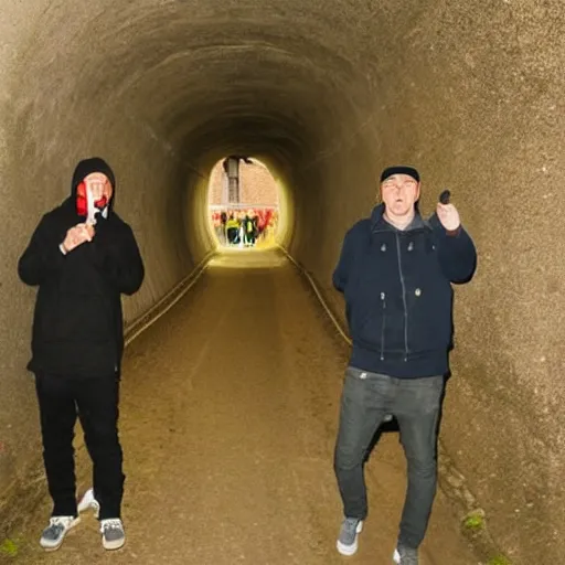 Prompt: two thugs in a long dark tunnel smoking and drinking listening to drum & bass, football hooligans