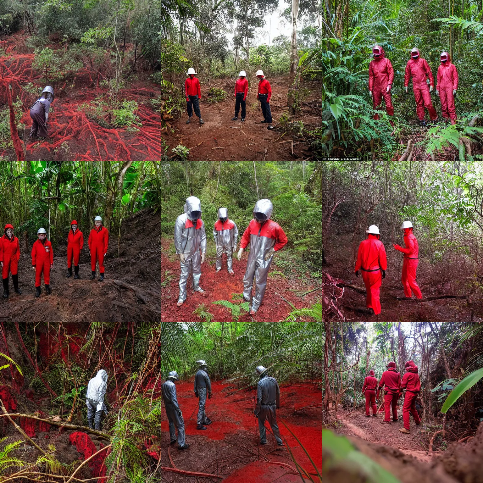 Prompt: scientists in a silver bunker suit exploring the red magma fields in the jungle, award winning photograph