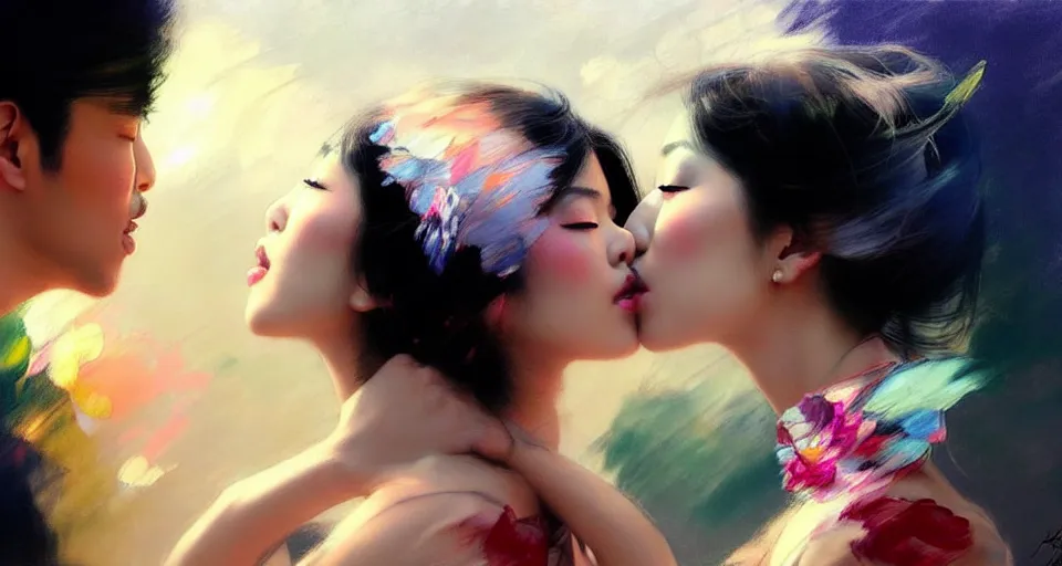 Image similar to photography of asian couples kissing each other, deep focus, volumetric light, colourful, sharp, detailed, digital painting by rolf armstrong, jeremy lipkin and michael garmash, rob rey and kentaro miura style, pinterest behance top picks