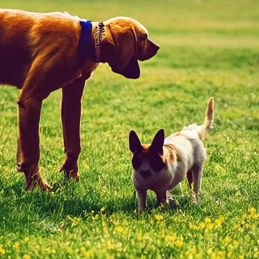 Prompt: a dog getting a treat on a meadow