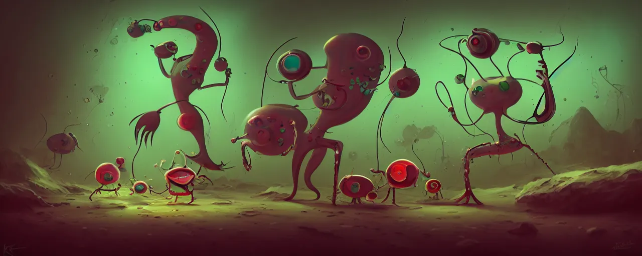 Image similar to wild whimsical plankton mutants from the depths of a wasteland deep in the imaginal realm, dramatic lighting, surreal fleischer cartoon characters, shallow dof, surreal painting by ronny khalil