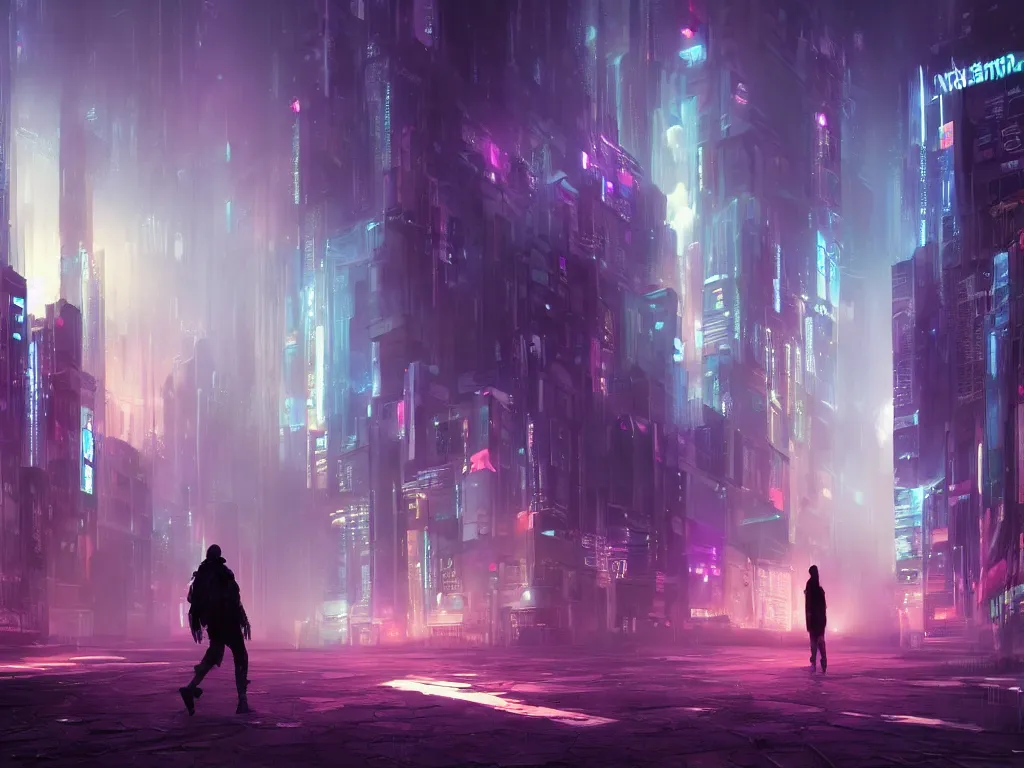 Image similar to a highly detailed digital painting of a nomad wandering a sci - fi cyberpunk city, neon lights, volumetric lighting, atmospheric fog, epic composition, artstation