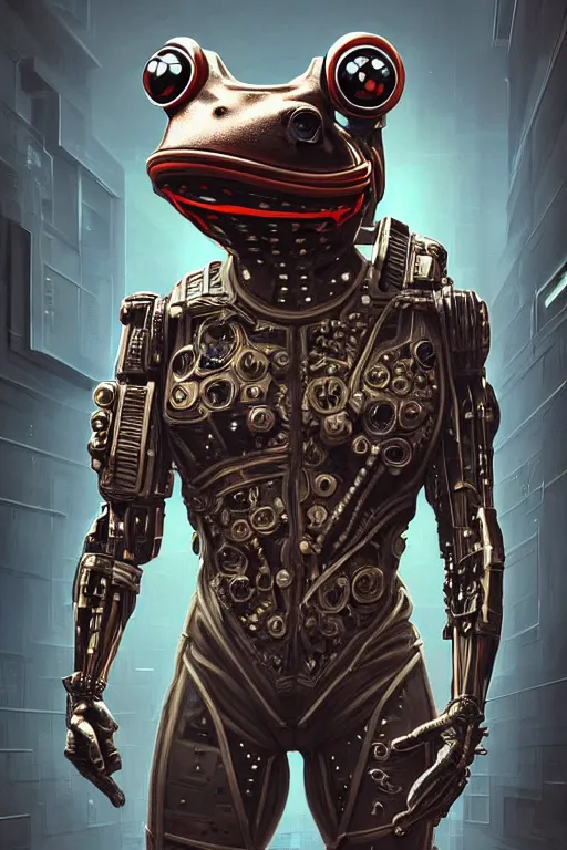 Image similar to a portrait of a muscular anthropomorphic cyberpunk frog in spacesuit armor with ensignia on chest plate by sandra chevrier, by jon foster, detailed render, post - processing, extremely hyperdetailed, intricate, epic composition, cybernetics, 4 k realistic, cryengine, realistic shaded lighting, sharp focus, masterpiece, by enki bilal