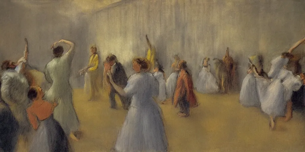 Prompt: an audience full of tall terrifying aliens in robes. They are watching a human ballet. in the victorian era. in the style of an impressionist painting. in the style of edgar degas.