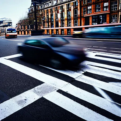 Prompt: speeding car going through a cross walk in london